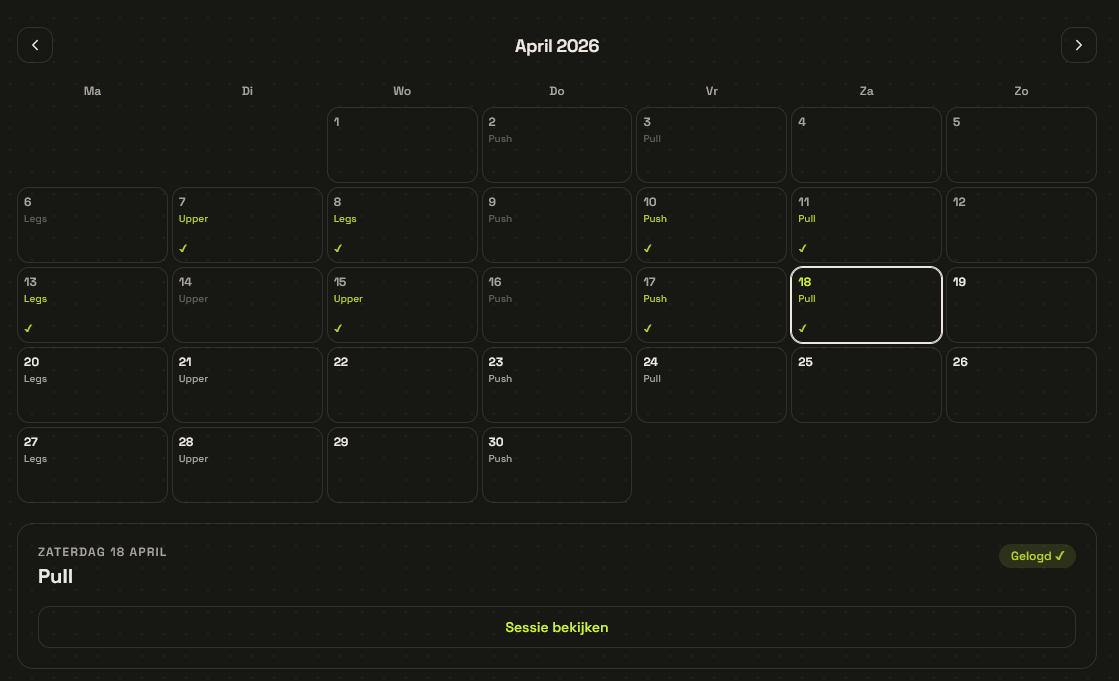 Agenda in LiftnLog met actief trainingsschema en geplande workouts per dag