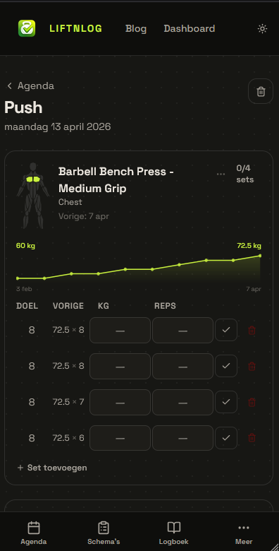 Trainingssessie loggen in LiftnLog met gewicht en reps per set
