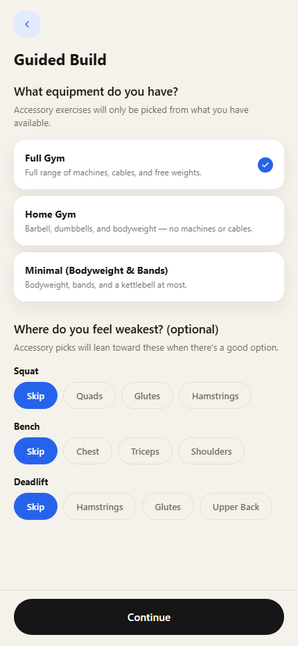 The LiftNlog Guided Build flow, asking which equipment is available and where the lifter feels weakest per lift.