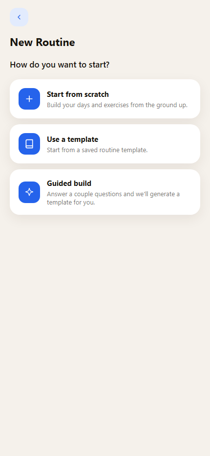 The LiftNlog "New Routine" screen, showing the three ways to start: Start from scratch, Use a template, Guided build.